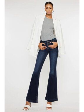 Kancan Dark Wash Release Hem Lurice Mid Rise Flare Jeans